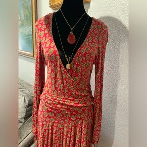 Red dress with green flowers long sleeves size S